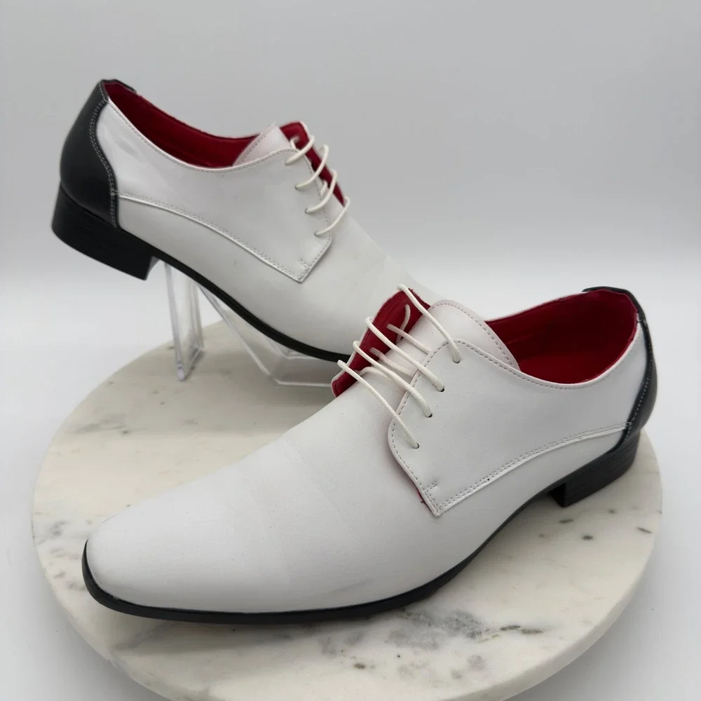 Tayno Dean White Dress Shoes‎ Mens 8 White Black Red Contrast Lace Up Oxfords